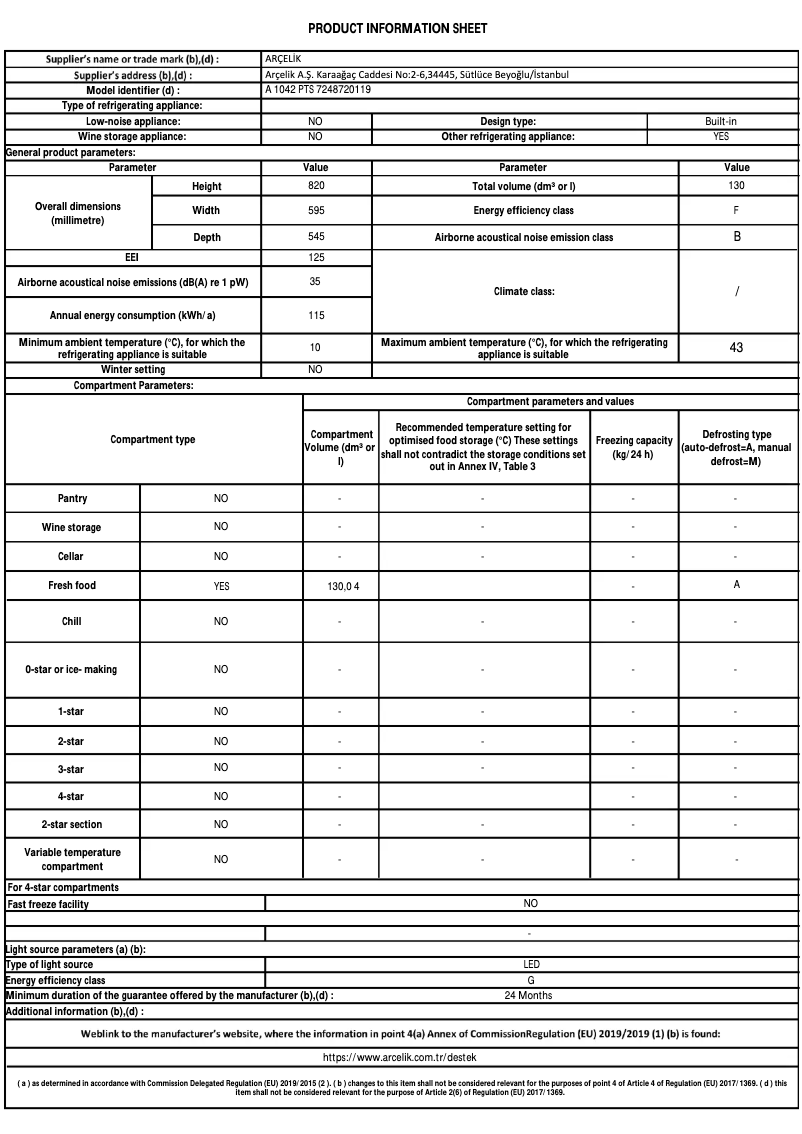 Page 1 de la notice Fiche technique Arçelik A 1042 PTS