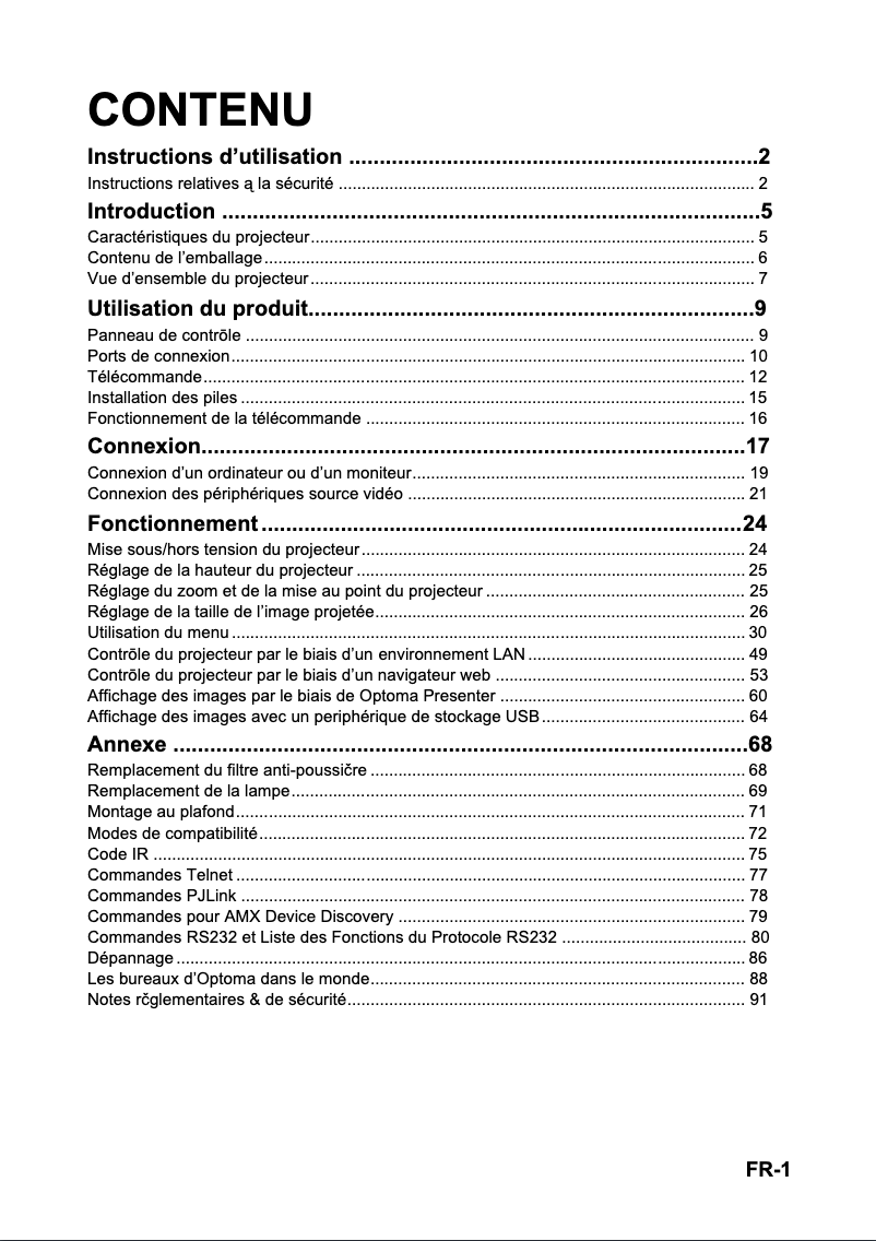 Page 1 de la notice Manuel utilisateur Optoma X501