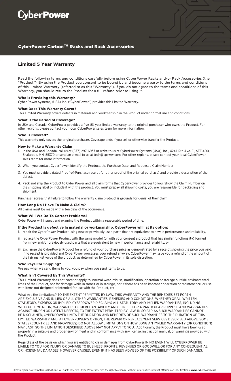 Page n°1 - Informations de garantie CyberPower CRA60004