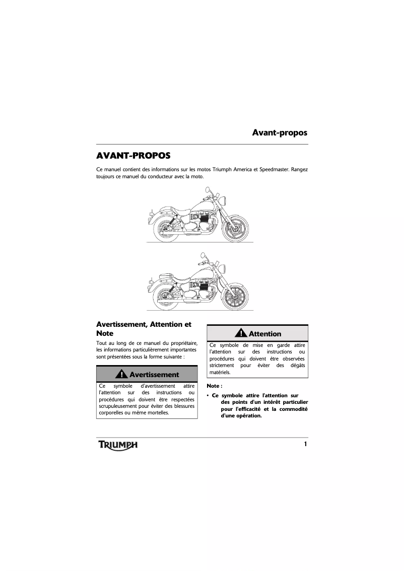 Page n°1 - Manuel utilisateur Triumph America EFI (2009)