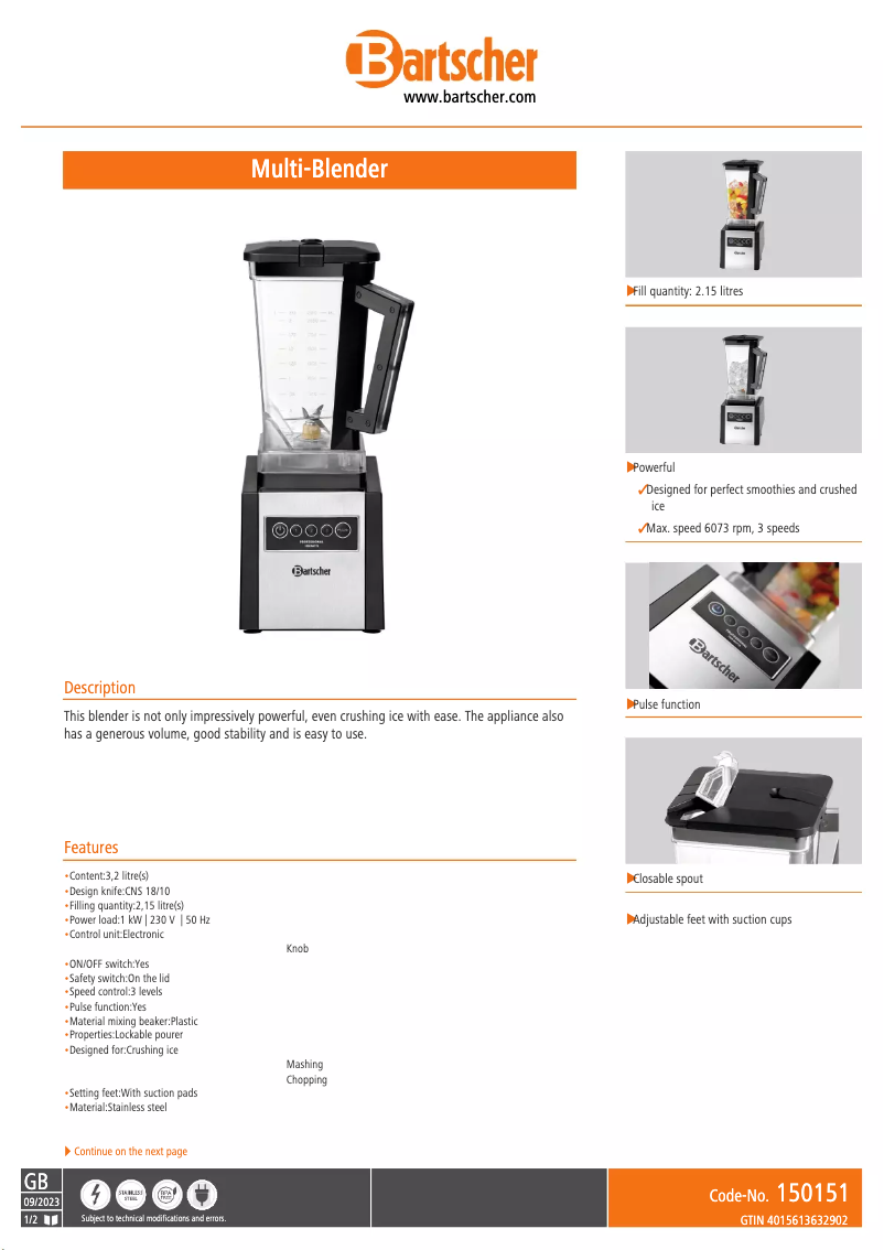 Page n°1 - Fiche technique Bartscher 150151