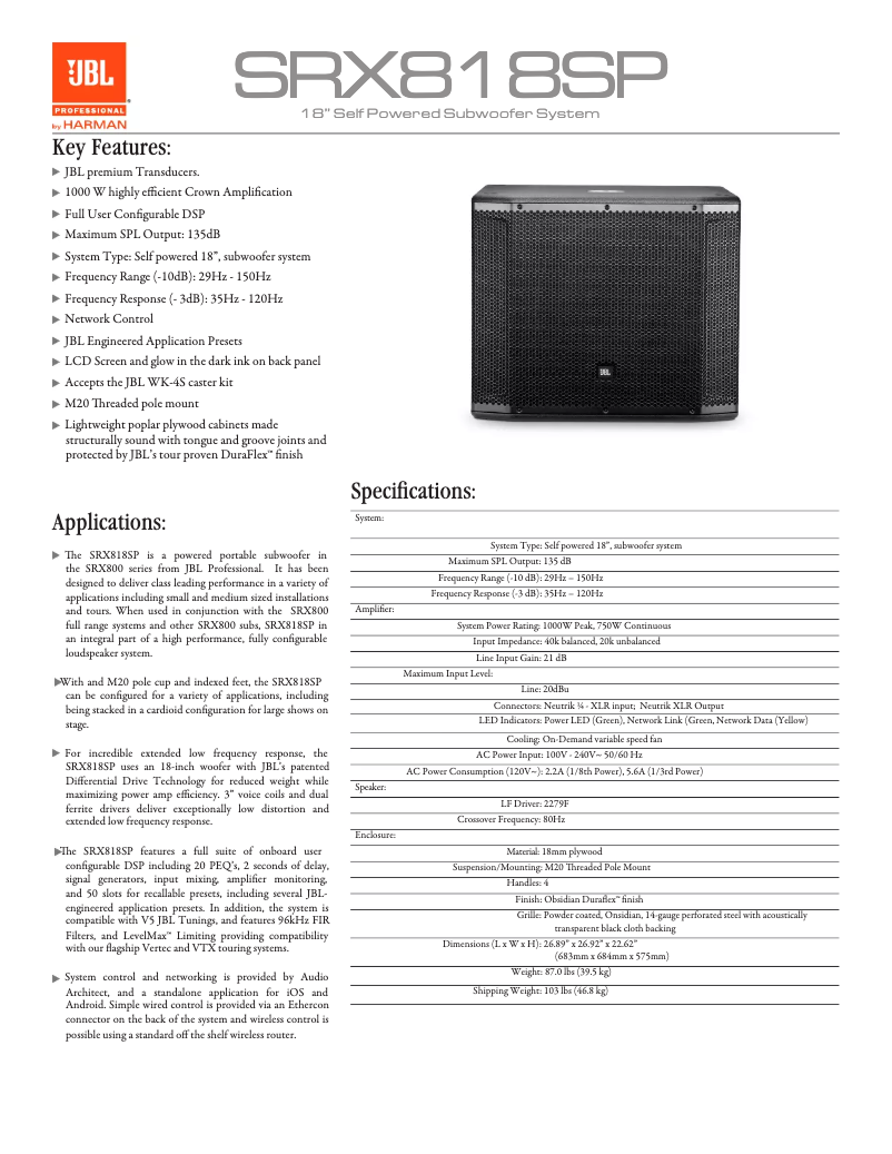 Page 1 de la notice Fiche technique JBL SRX818SP