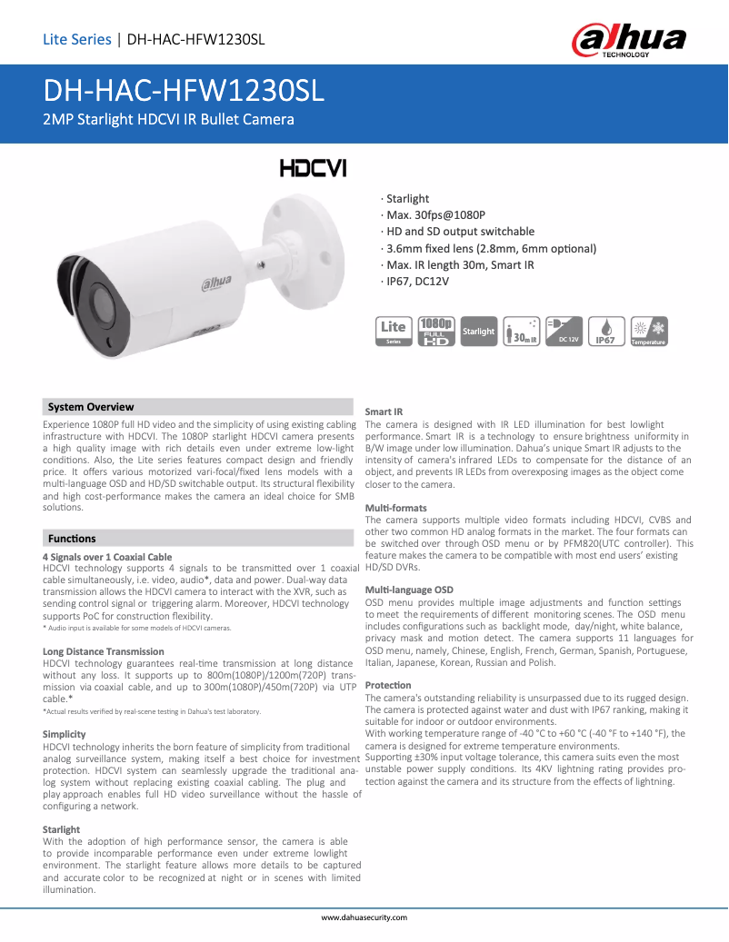 Page 1 de la notice Fiche technique Dahua Technology HAC-HFW1230SL