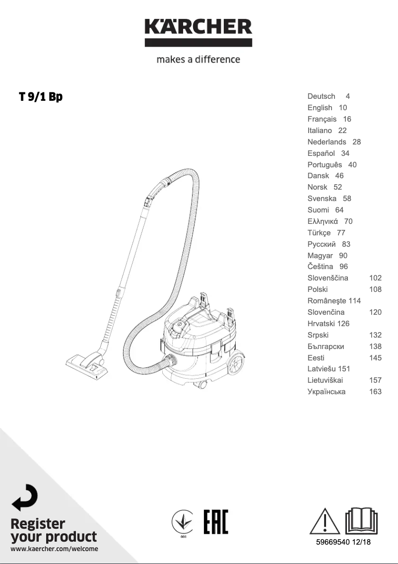 Page n°1 - Manuel utilisateur Kärcher T 9/1 Bp
