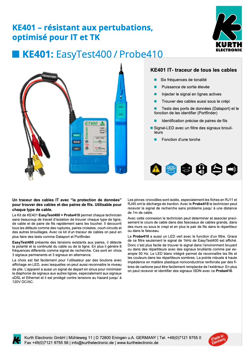 Page 1 de la notice Fiche technique Kurth Electronic KE401