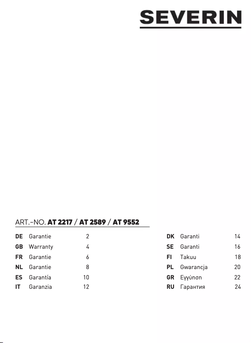 Page 1 de la notice Informations de garantie Severin AT 9552
