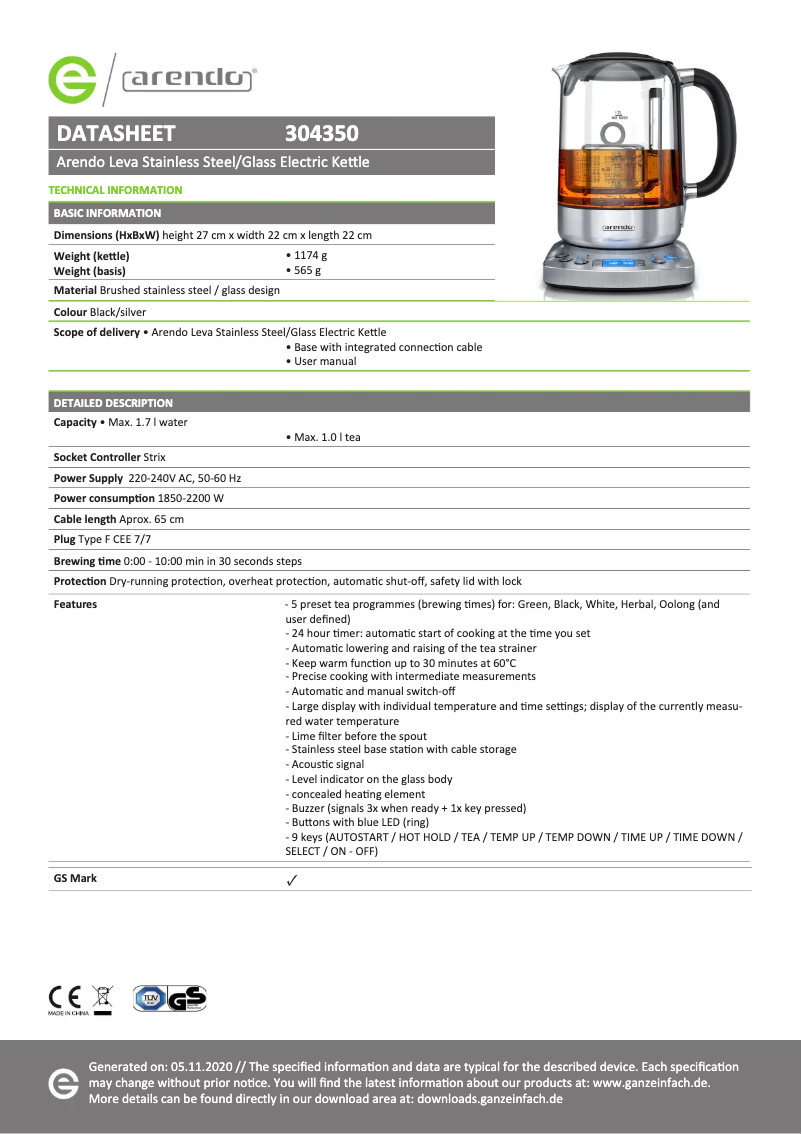 Page 1 de la notice Fiche technique Arendo Leva 304350