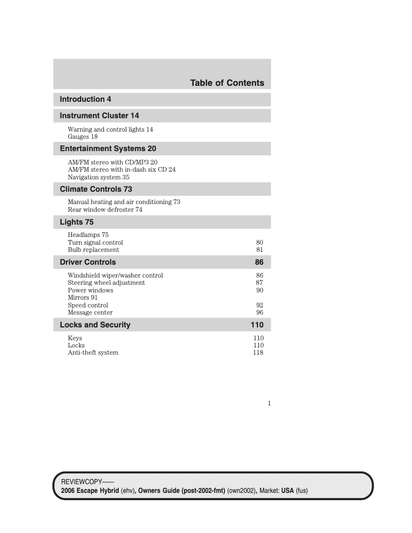 Page n°1 - Manuel utilisateur Ford Escape (2006)