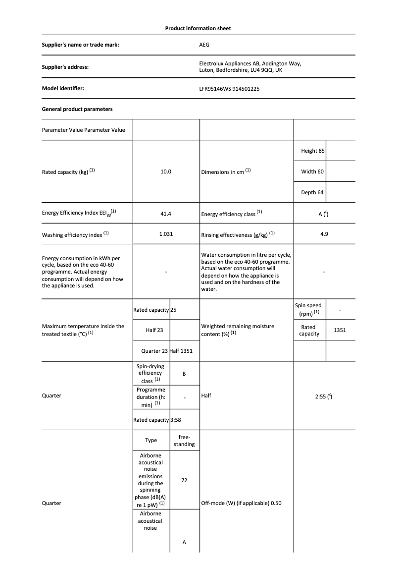 Page 1 de la notice Fiche technique AEG LFR95146WS