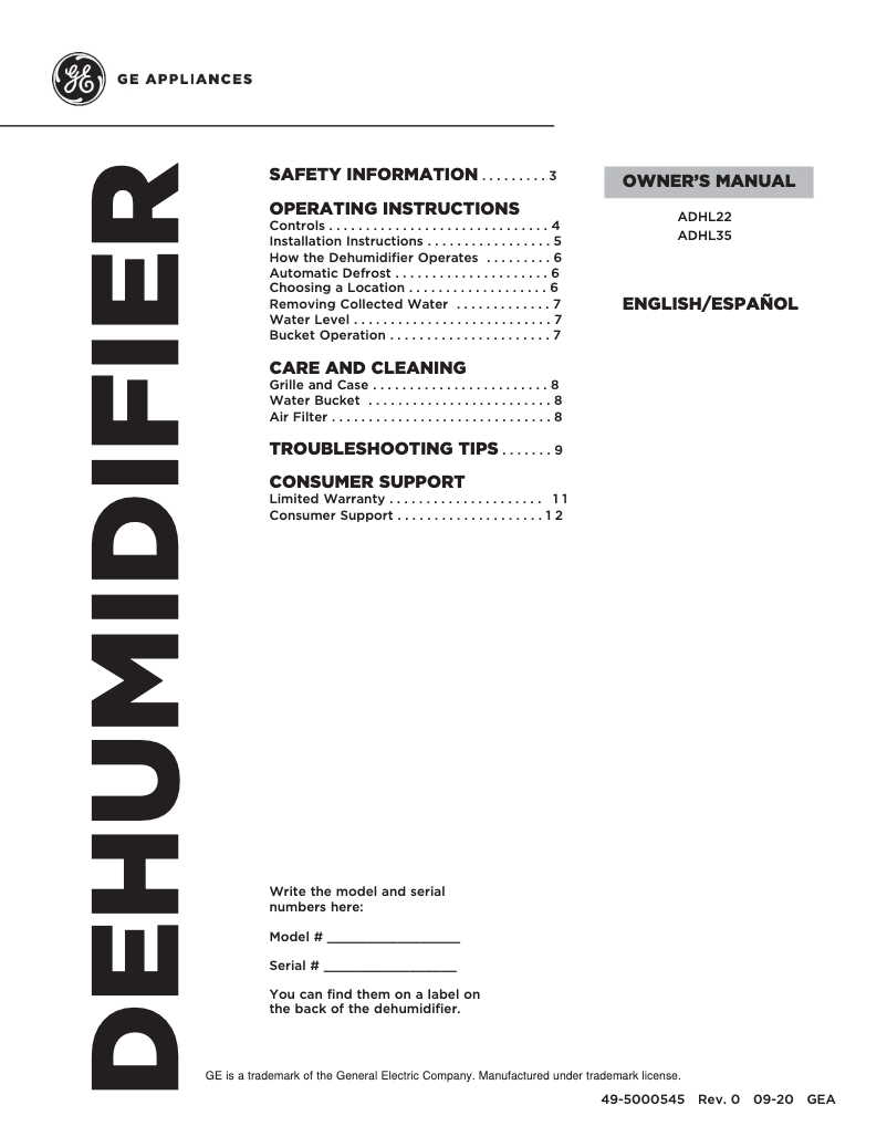 Image de la première page du manuel de l'appareil ADHL35LA