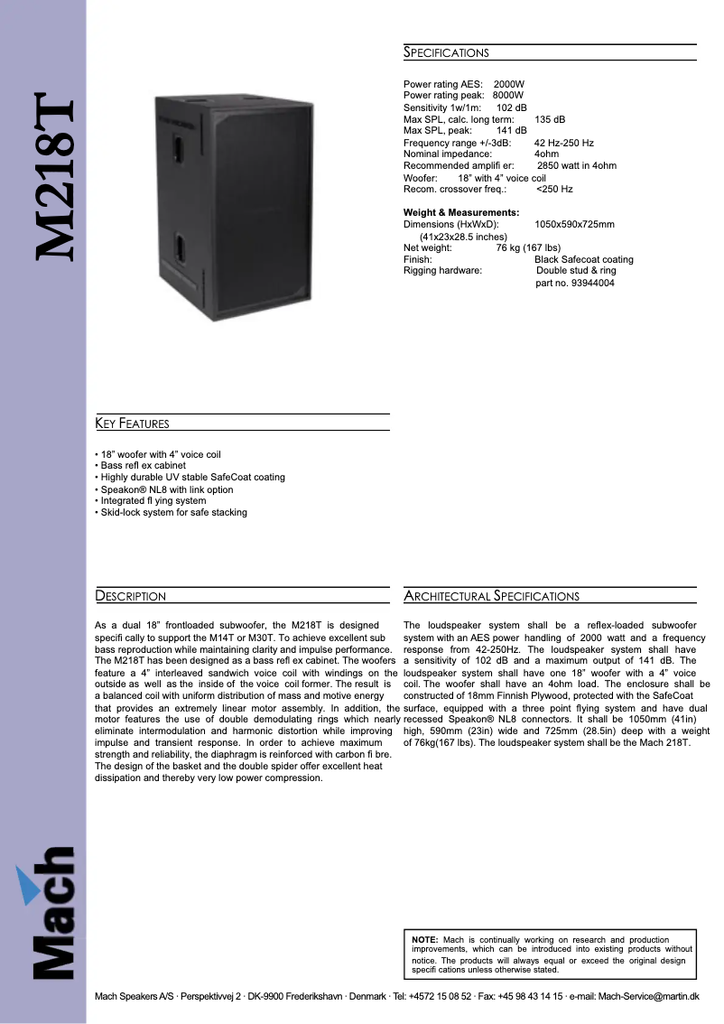 Page 1 de la notice Fiche technique Martin M218T