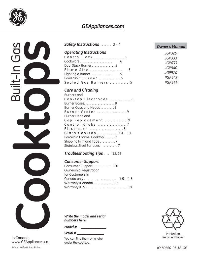 Page 1 of the manual Instruction Manual GE JGP633DETWW