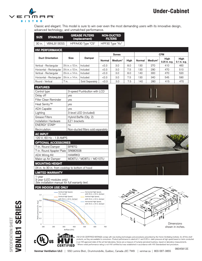 Page 1 de la notice Fiche technique Venmar Bistro VBNLB130SS