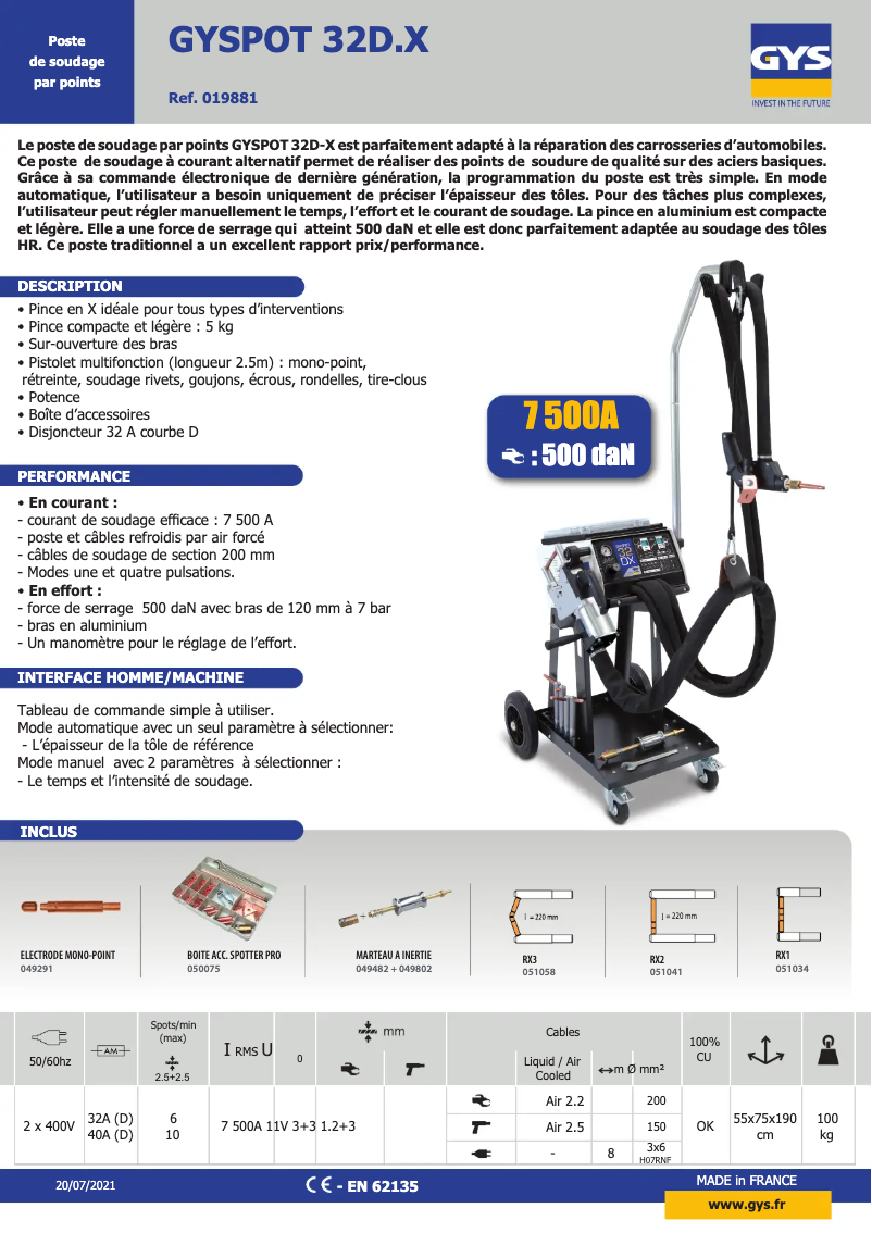 Page 1 de la notice Fiche technique GYS Gyspot 32 D.X Complete