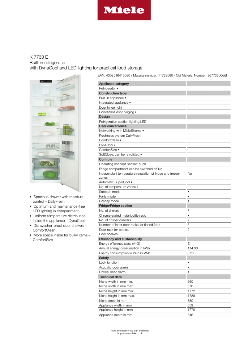 Page 1 de la notice Fiche technique Miele K 7733 E
