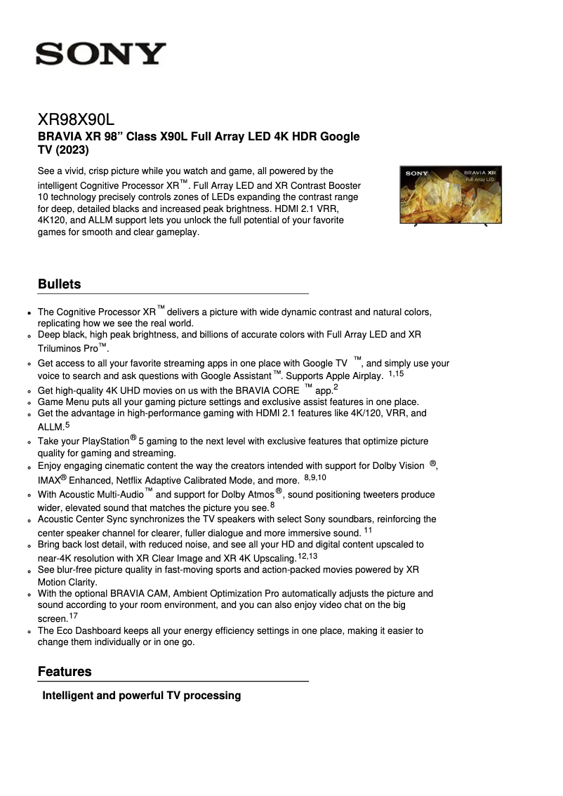 Page n°1 - Fiche technique Sony XR-98X90L