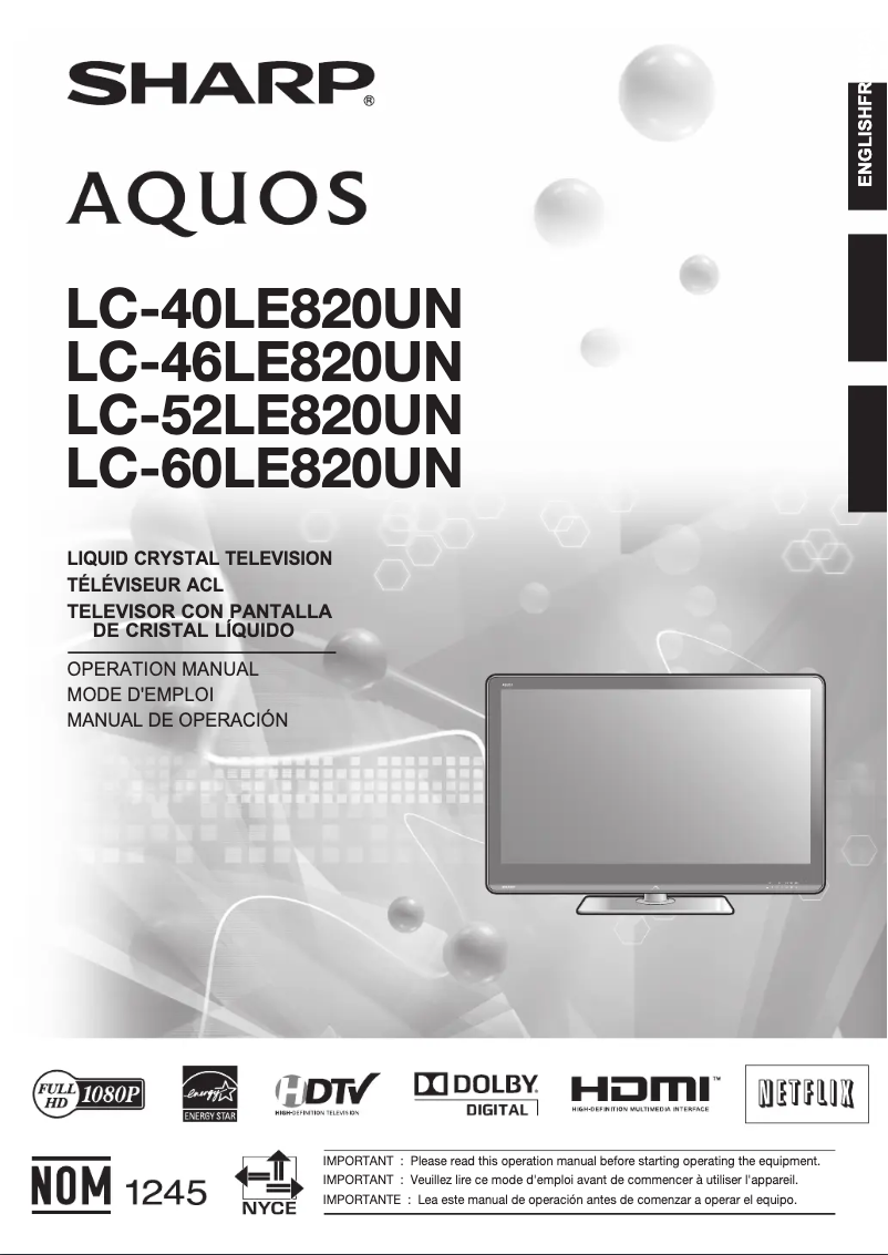 Page n°1 - Manuel utilisateur Sharp Aquos LC-60LE820UN