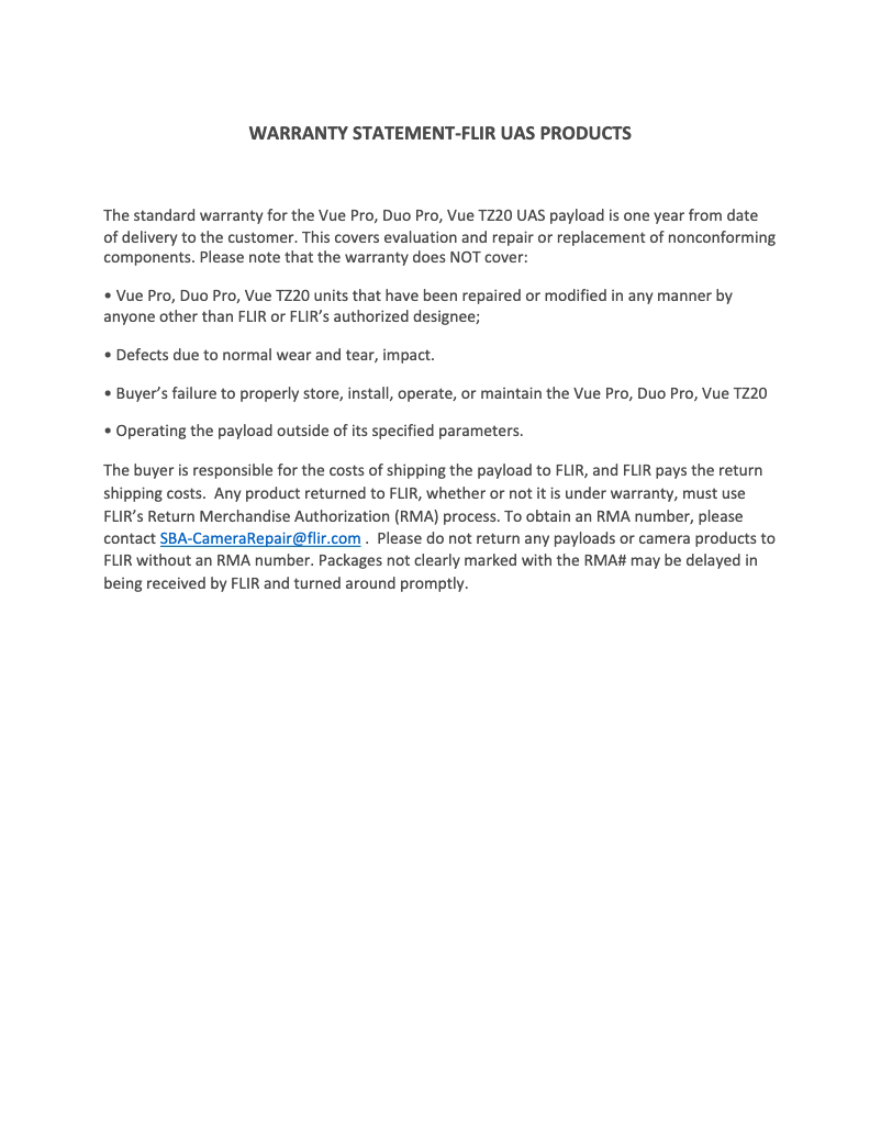 Page 1 de la notice Informations de garantie FLIR Vue TZ20