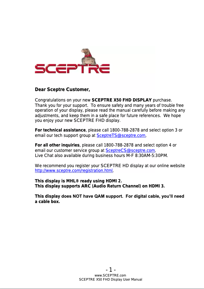 Page 1 de la notice Manuel utilisateur Sceptre X505BV-FMQCC