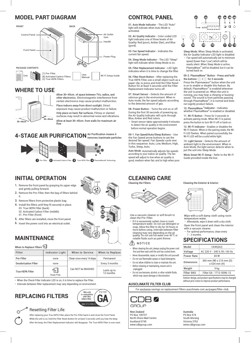 Page 1 de la notice Manuel utilisateur Winix C545