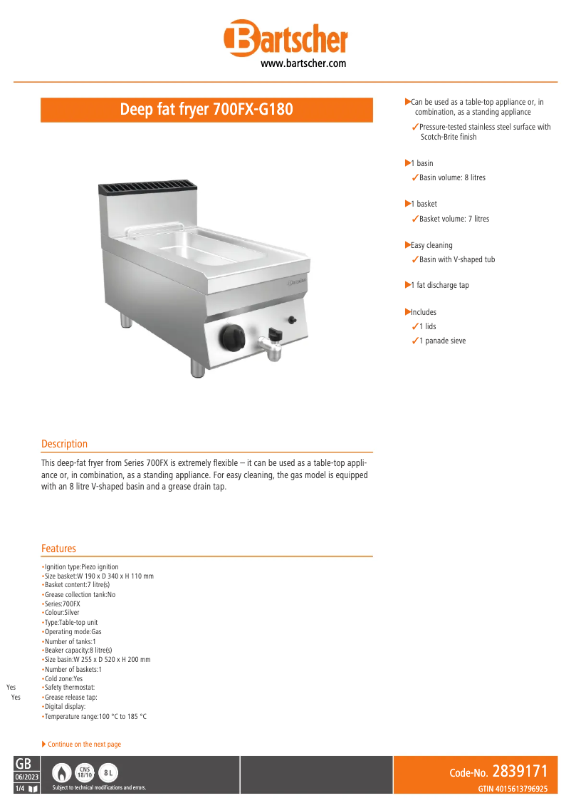 Page 1 de la notice Fiche technique Bartscher 700FX-G180