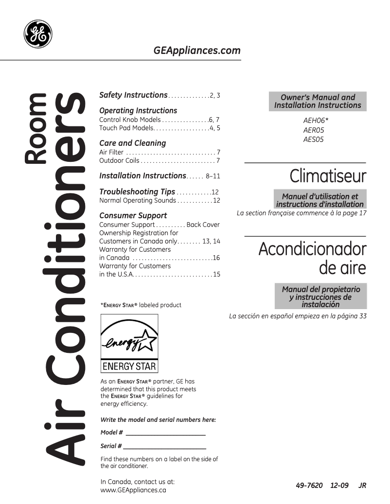 Page n°1 - Manuel d'utilisation et d'entretien GE AES05LN