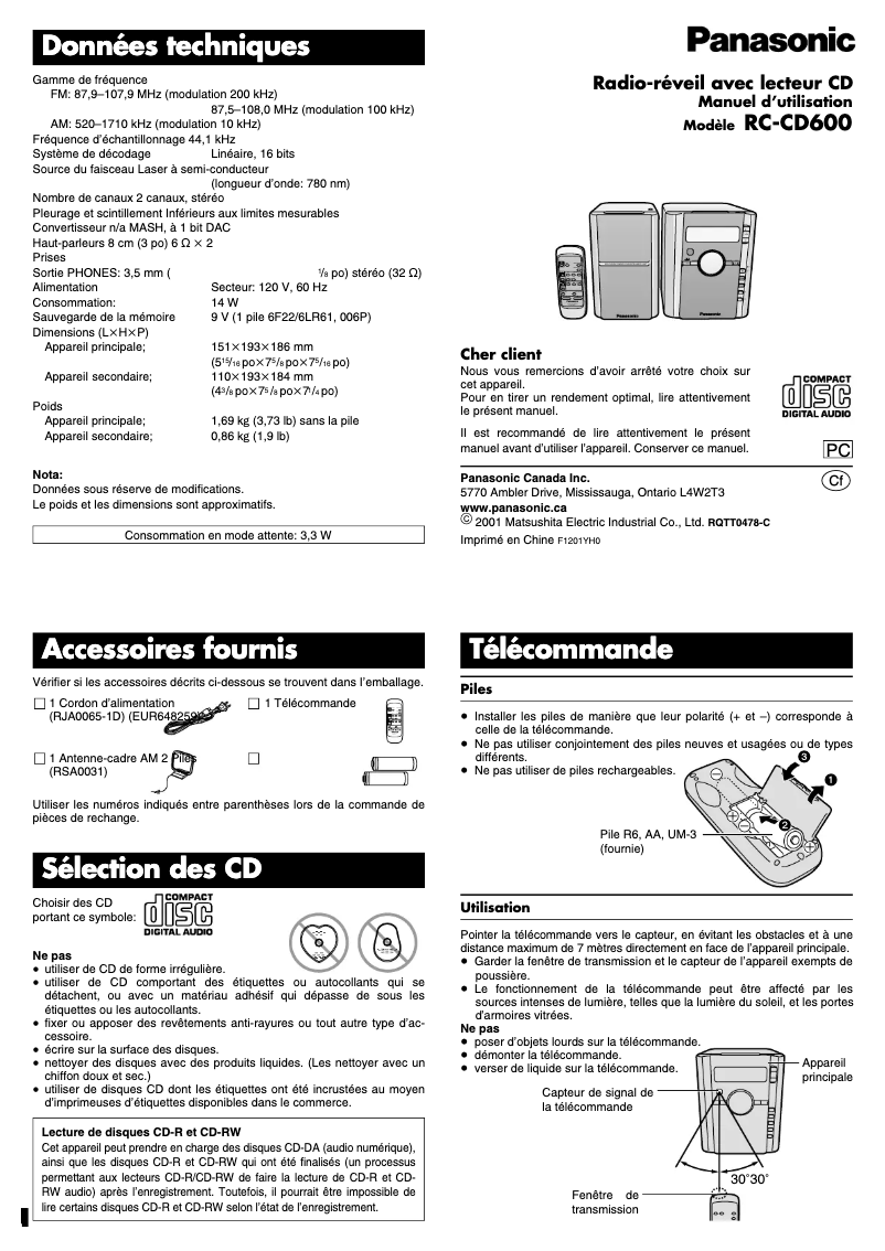 Page n°1 - Manuel utilisateur Panasonic RC-CD600