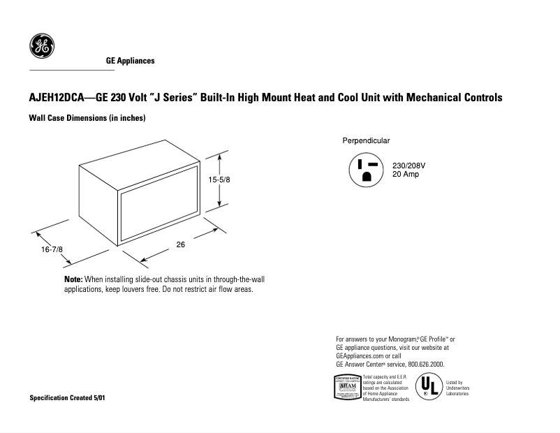 Page 1 de la notice Fiche technique GE AJEH12DCA