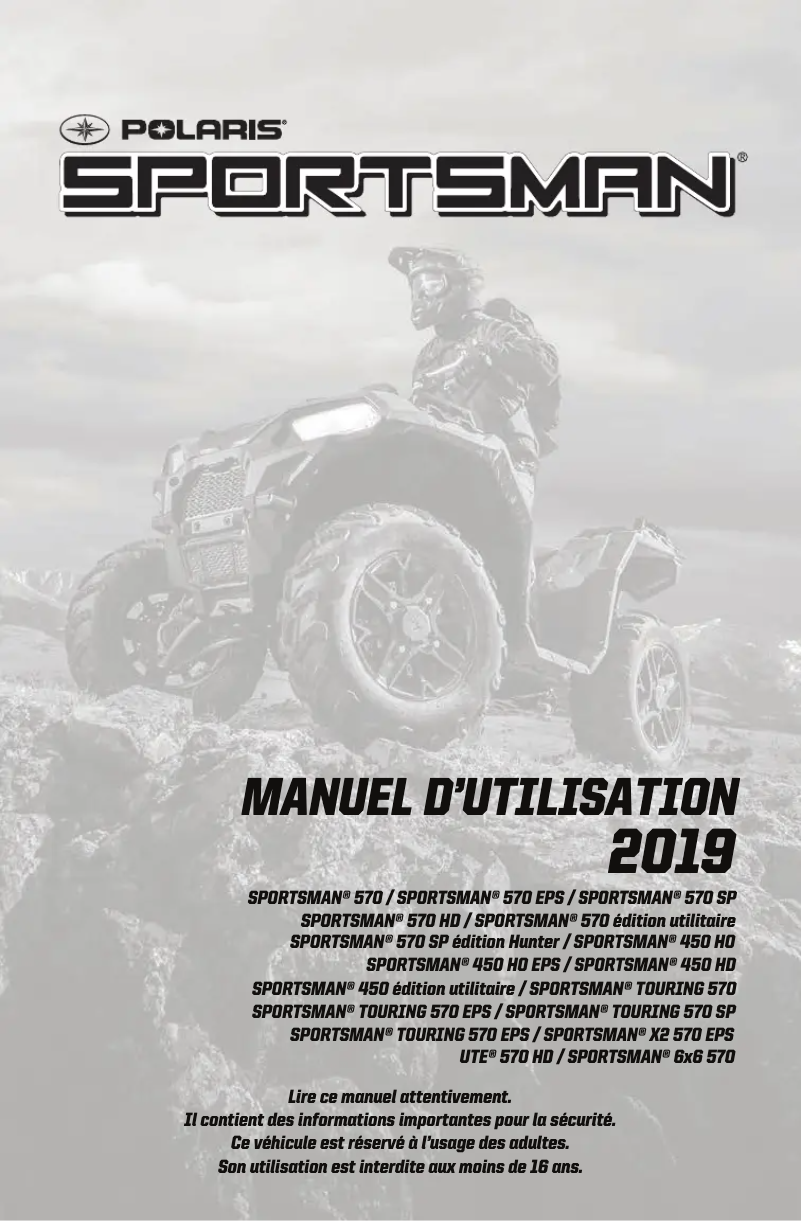 Page n°1 - Manuel utilisateur Polaris Sportsman X2 570 EPS (2019)