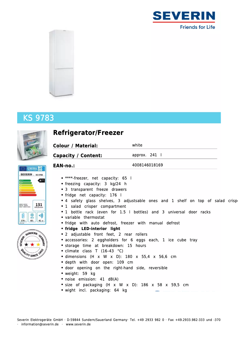 Page 1 de la notice Fiche technique Severin KS 9783