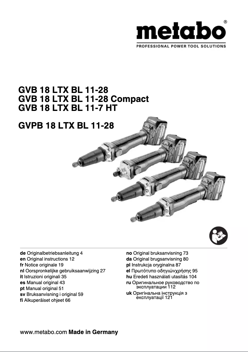Page 1 de la notice Manuel utilisateur Metabo GVB 18 LTX BL 11-28 Compact