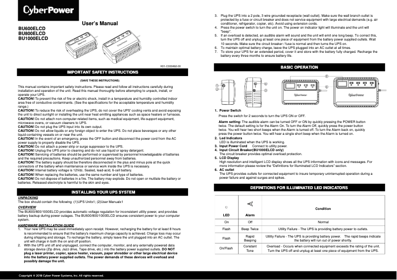 Page n°1 - Manuel utilisateur CyberPower BU1000ELCD