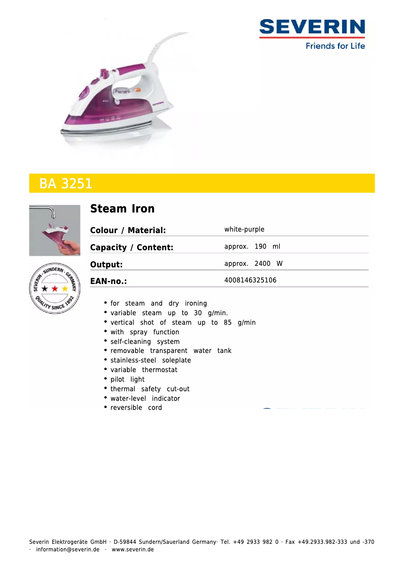 Page n°1 - Fiche technique Severin BA 3251