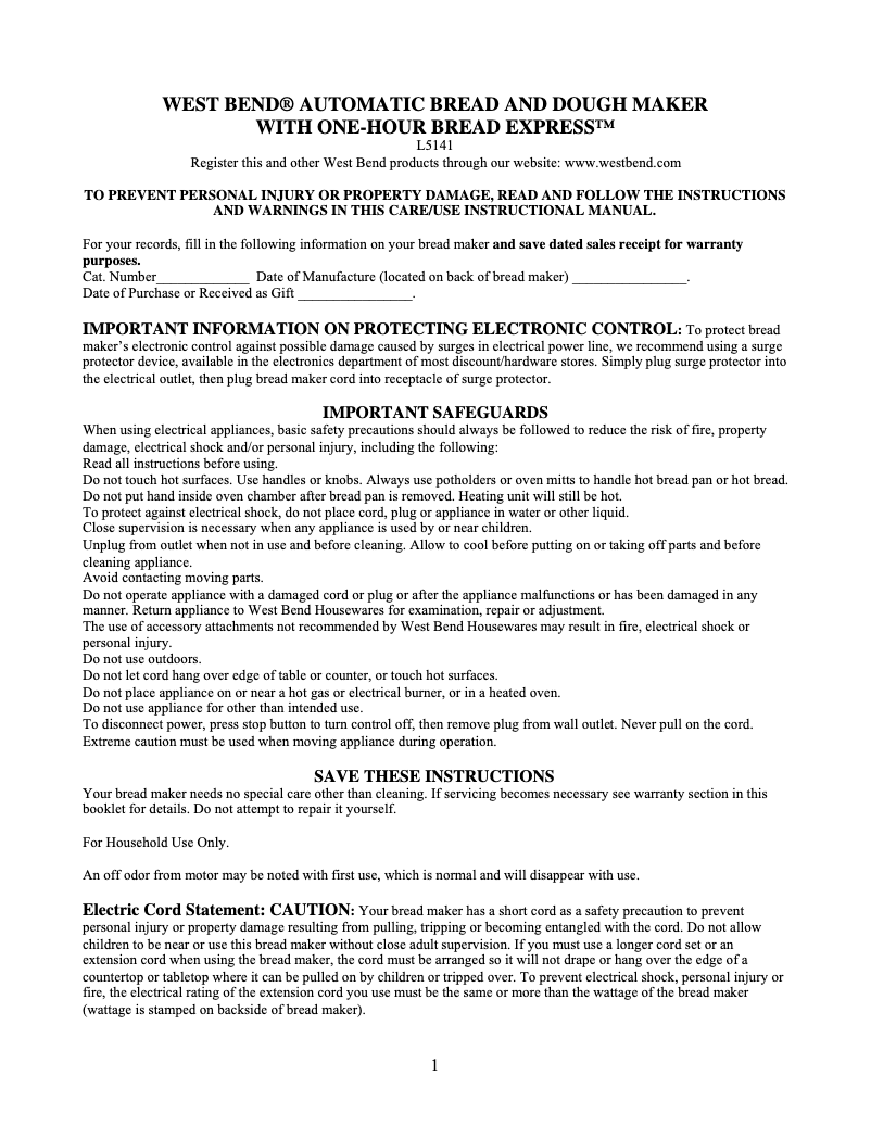 Page 1 de la notice Manuel utilisateur WestBend 41062