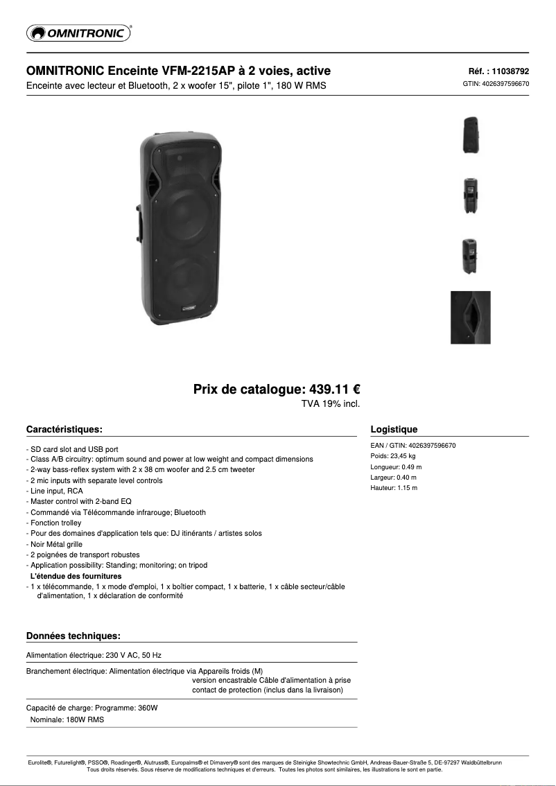 Page n°1 - Fiche technique Omnitronic VFM-2215AP
