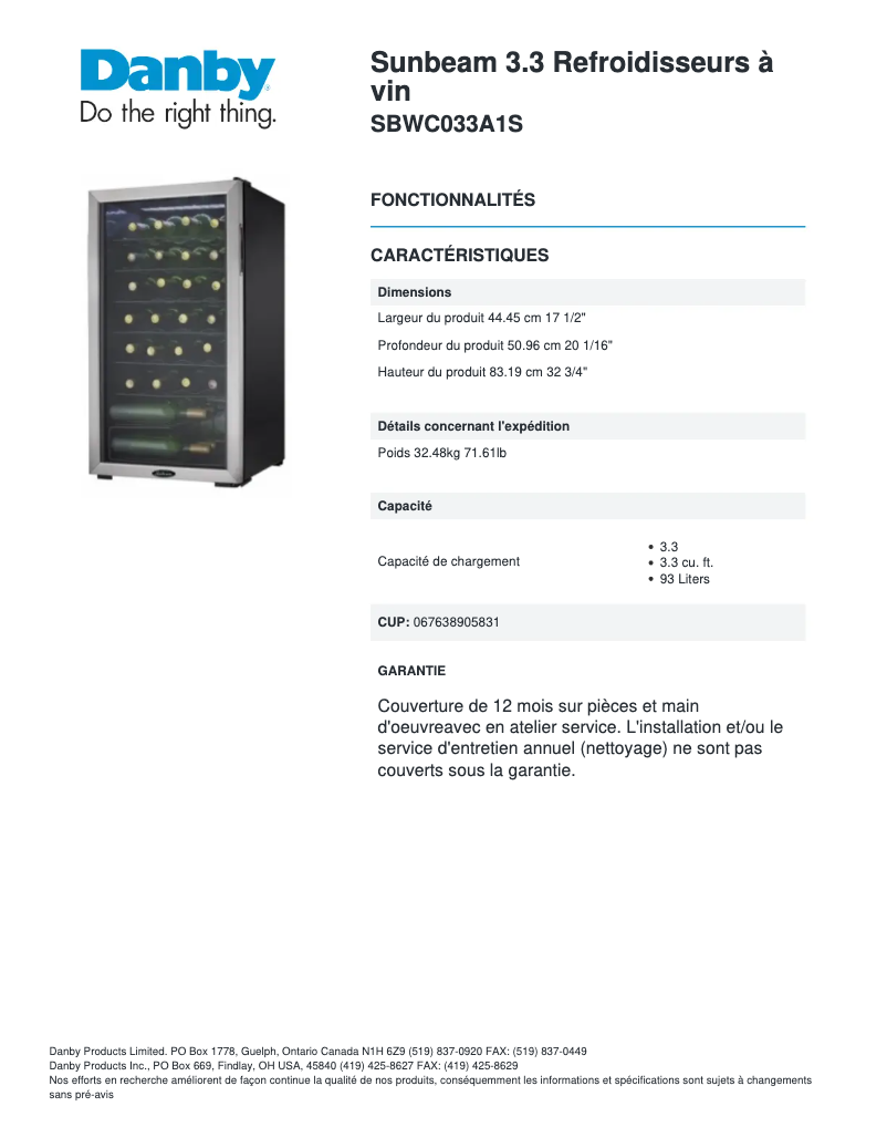 Page 1 de la notice Manuel utilisateur Danby SBWC033A1S