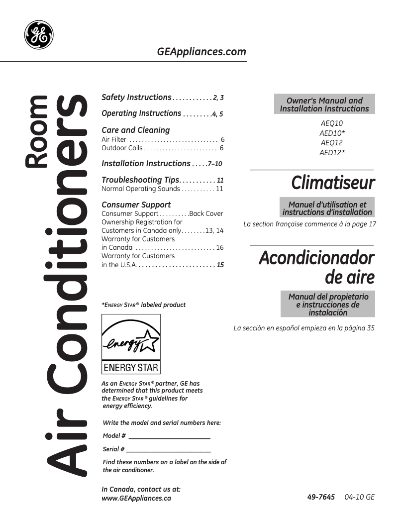 Page n°1 - Guide d'installation GE AEW18DM