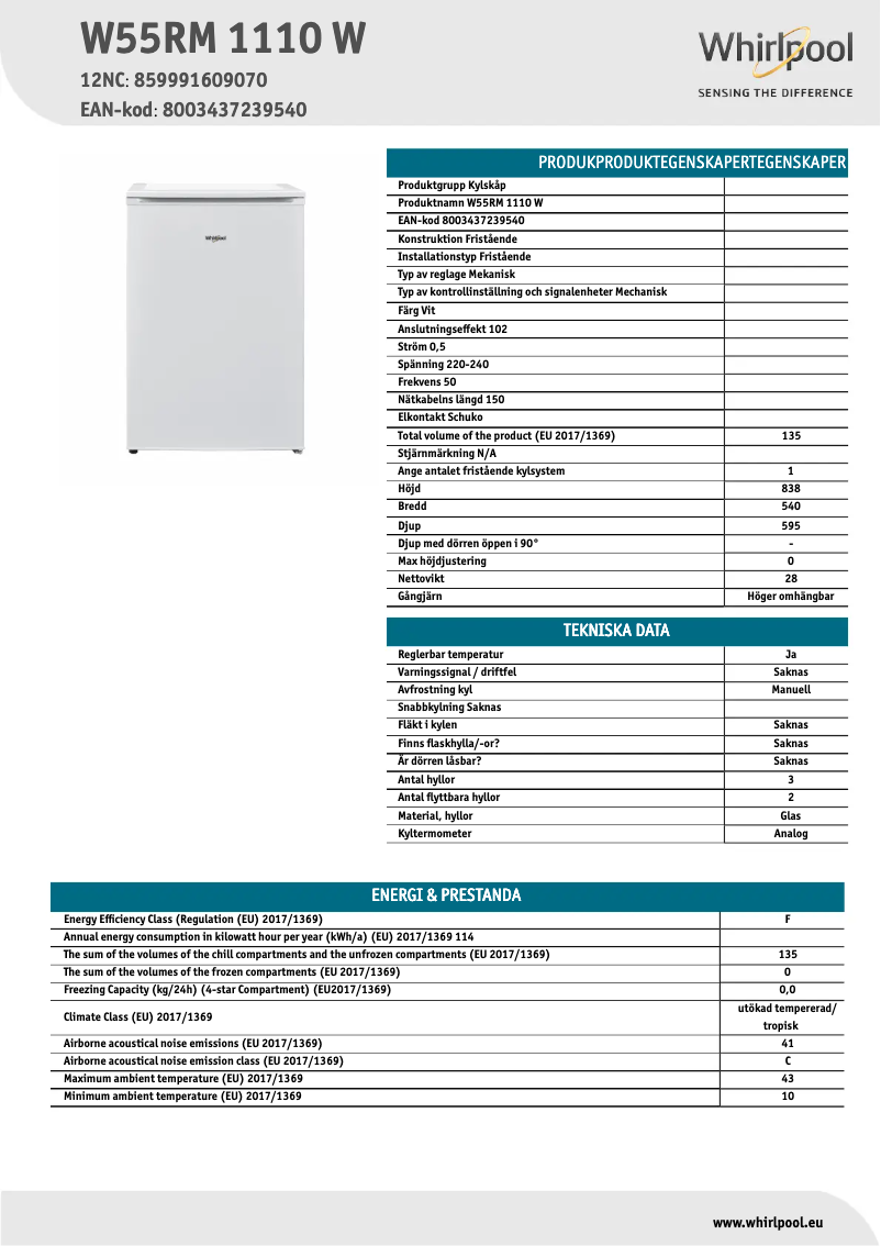 Page 1 de la notice Fiche technique Whirlpool W55RM 1110 W