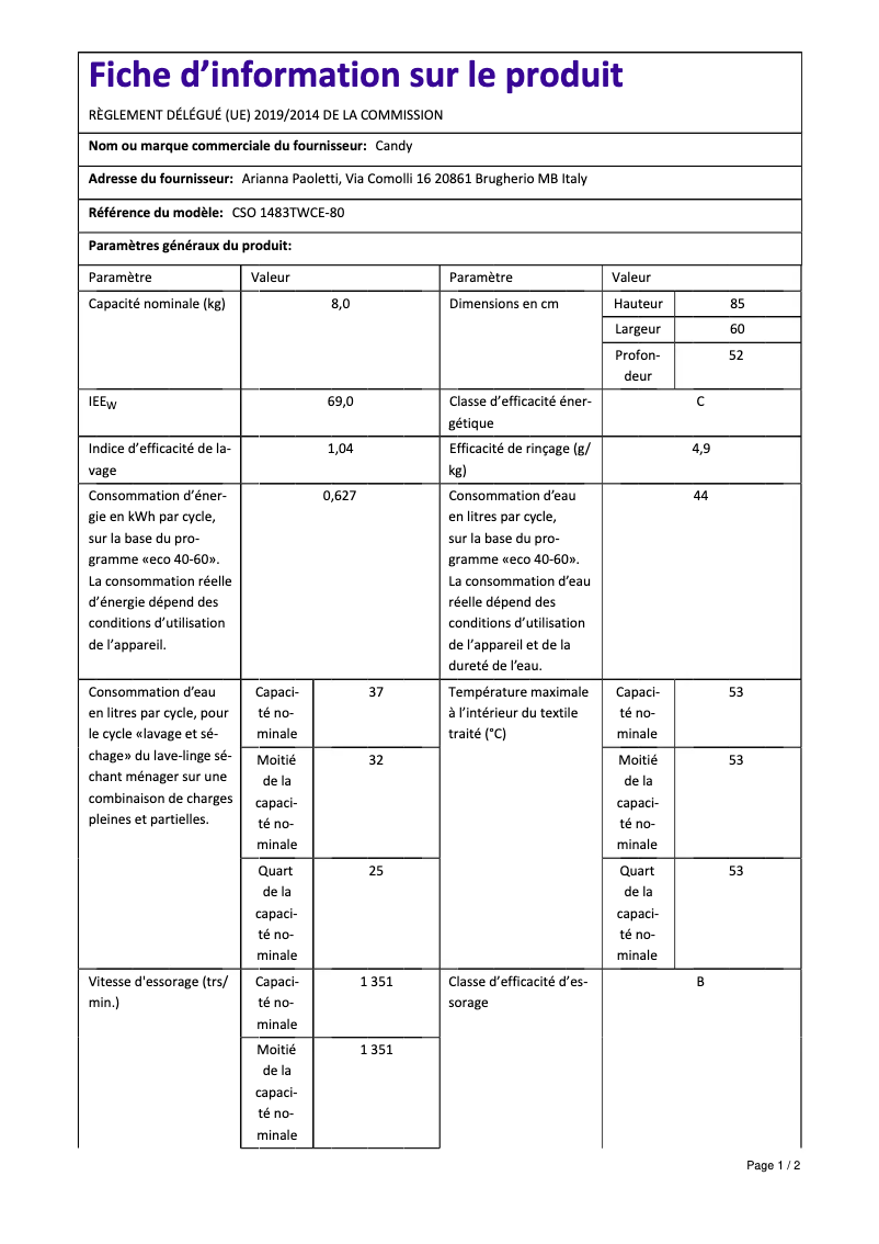 Page 1 de la notice Manuel utilisateur Candy CSO 1483TWCE-80