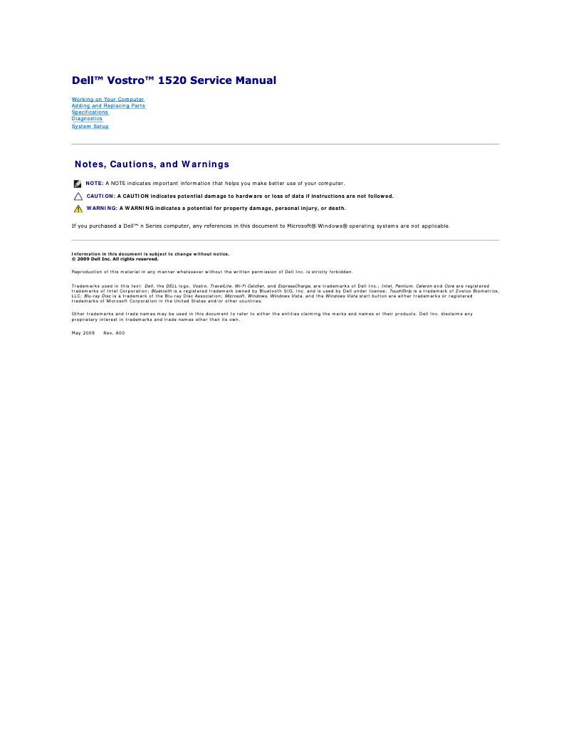 Page 1 de la notice Manuel utilisateur Dell Vostro 1520