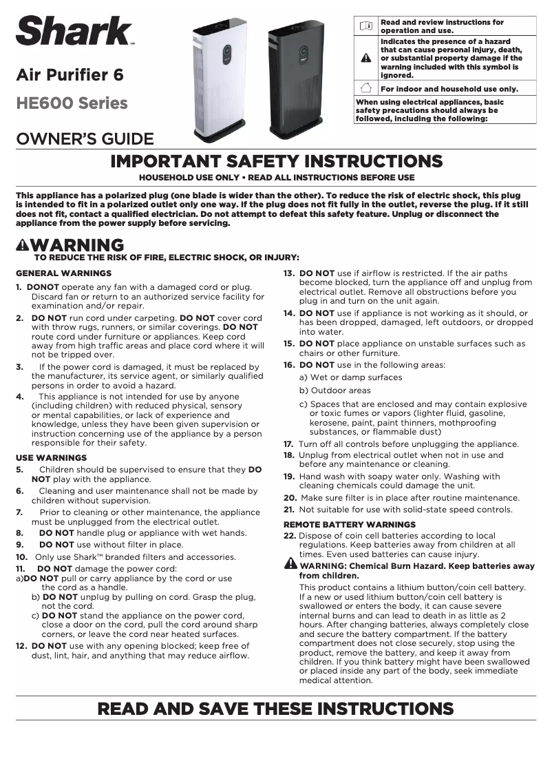 Page 1 de la notice Manuel utilisateur Shark HE602