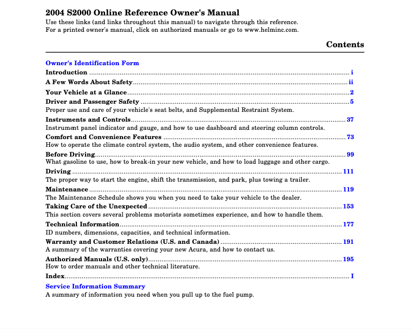 Page 1 de la notice Manuel utilisateur Honda S2000 (2004)