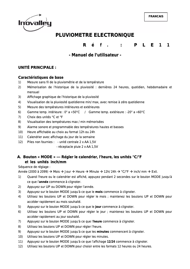 Page 1 de la notice Manuel utilisateur Inovalley PLE11