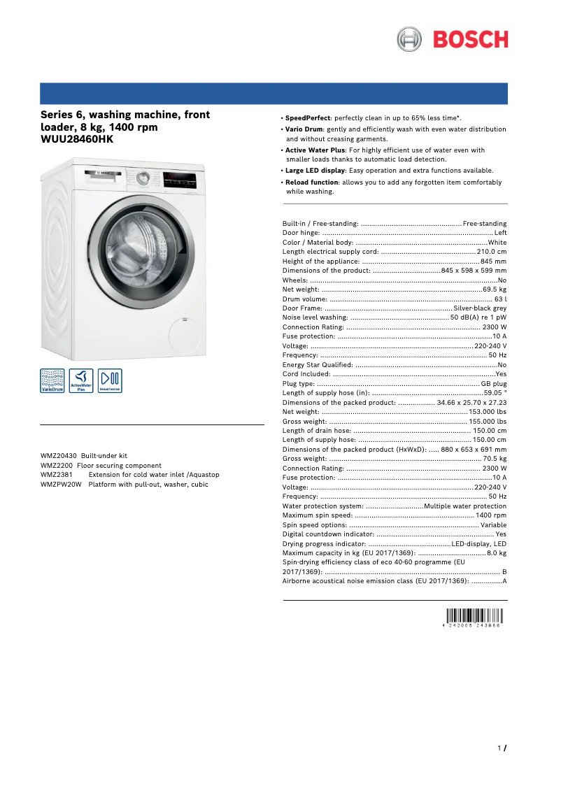 Página 1 del manual Ficha técnica Bosch WUU28460HK