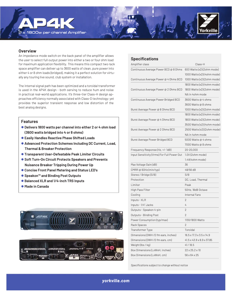 Page n°1 - Fiche technique Yorkville AP4K
