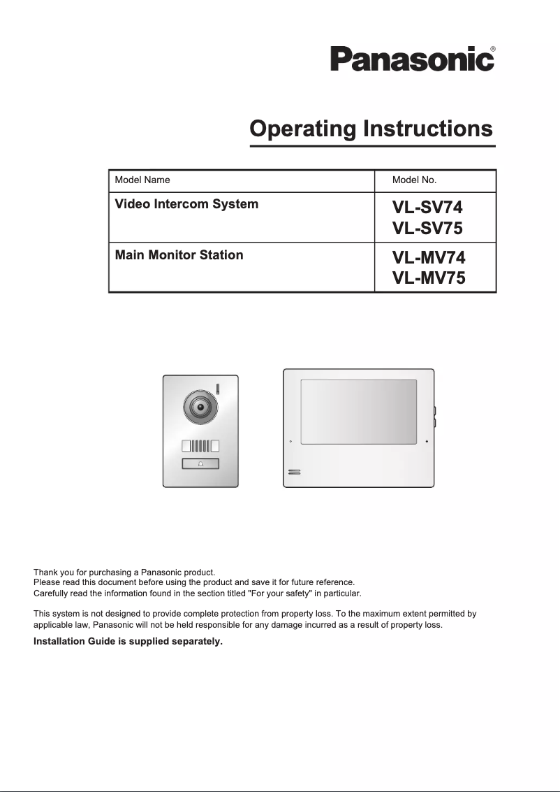 Page 1 de la notice Manuel utilisateur Panasonic VL-SV74