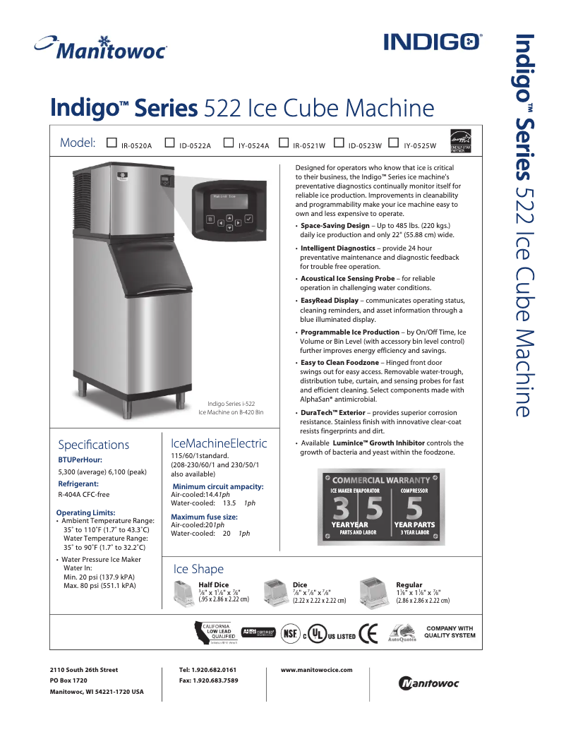 Page 1 de la notice Fiche technique Manitowoc IY-0524A