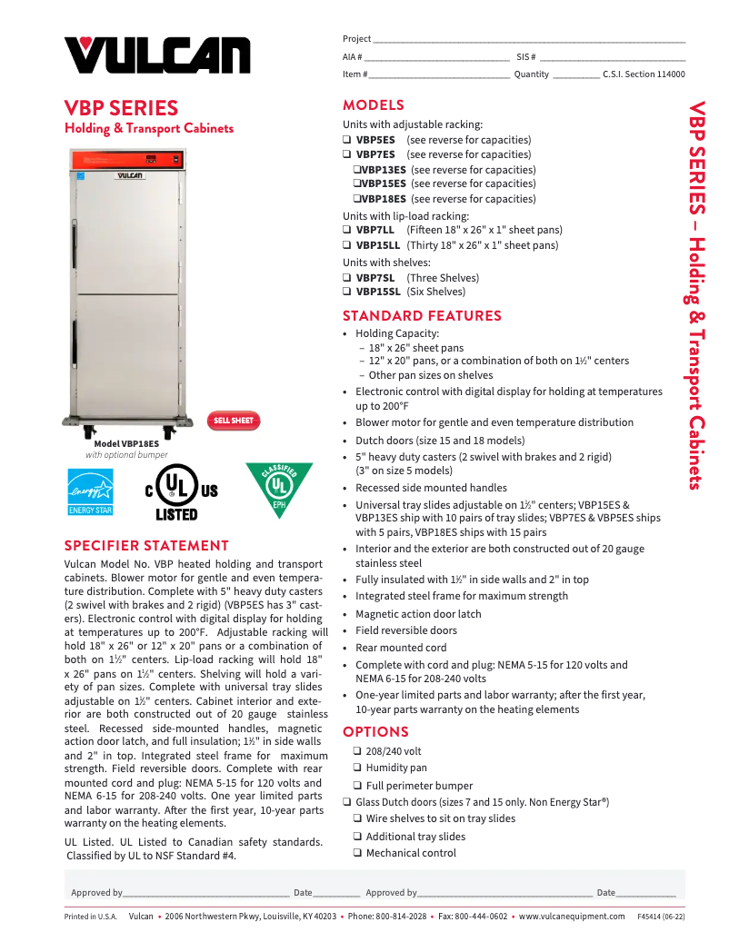 Page 1 de la notice Fiche technique Vulcan VBP15ES