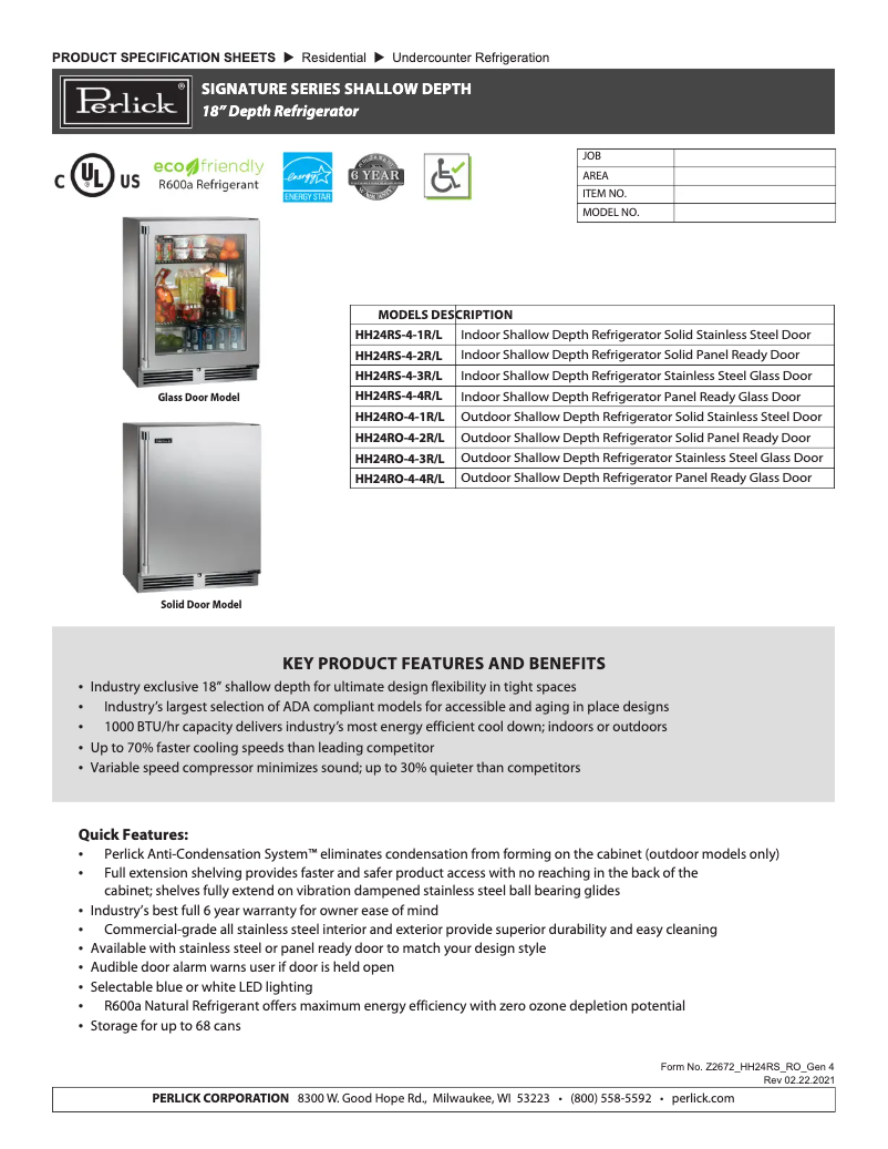 Page 1 de la notice Fiche technique Perlick HH24RS-4-4R