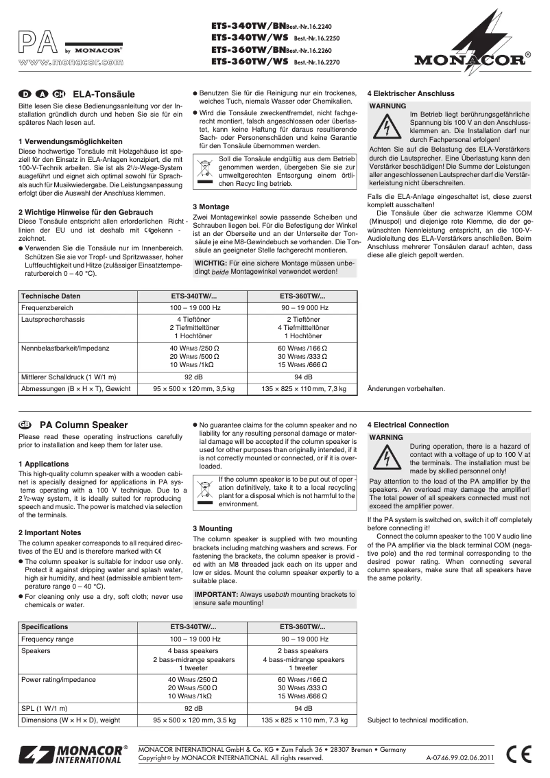 Page 1 de la notice Manuel utilisateur Monacor ETS-360TW/BN
